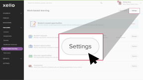 Work-based learning page with the settings button highlighted and a cursor selecting it